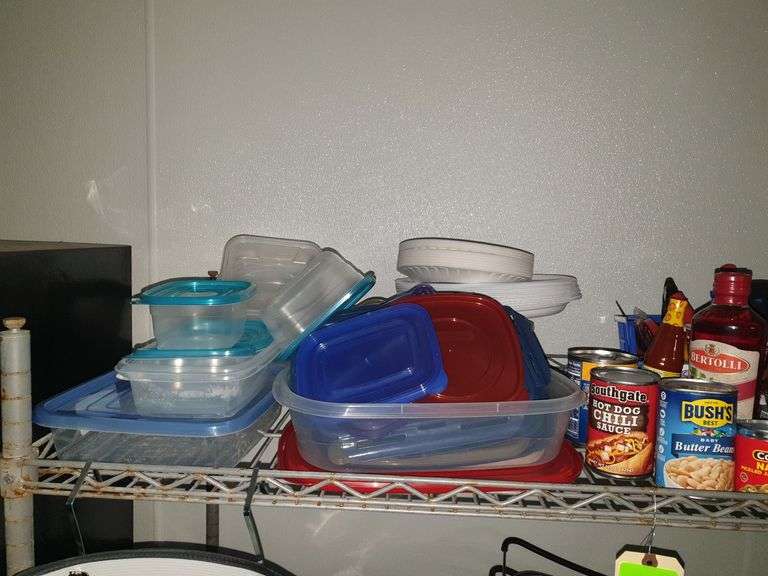 Wire Shelf with all contents: cookware, plastic bowls, etc,