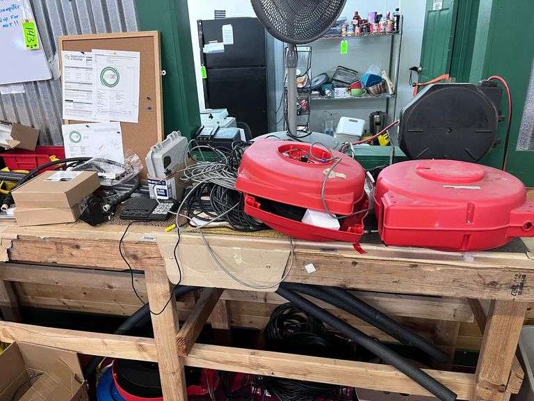 Long wood work table - all contents on & below it: Parts: Wire/Cords/Reels image