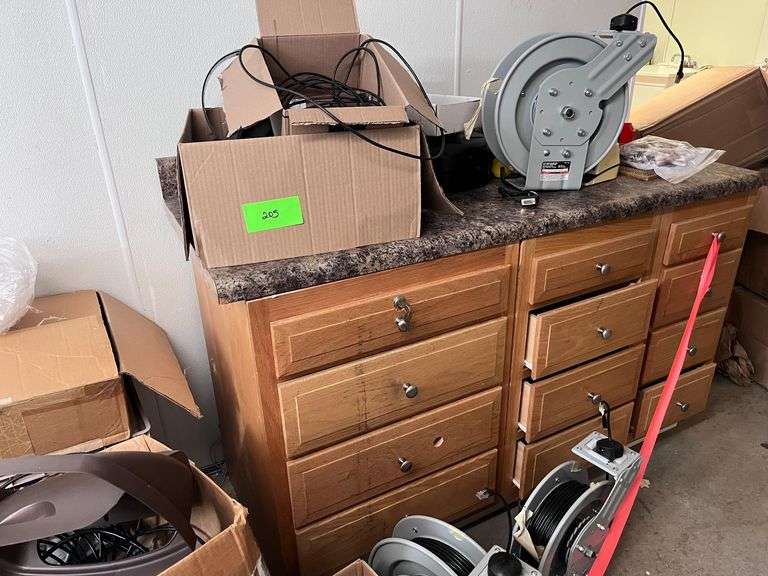 Large Lot of Misc: Storage trays/phones/cabinet/air hose reels