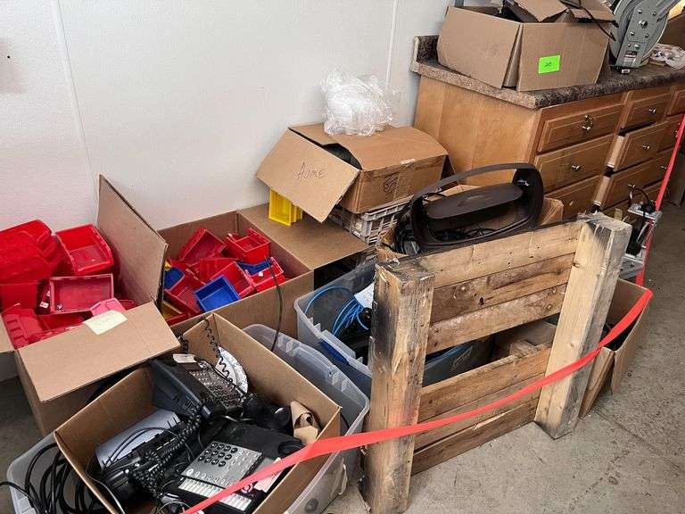 Large Lot of Misc: Storage trays/phones/cabinet/air hose reels image