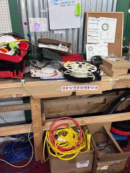 Long wood work table - all contents on & below it: Parts: Wire/Cords/Reels