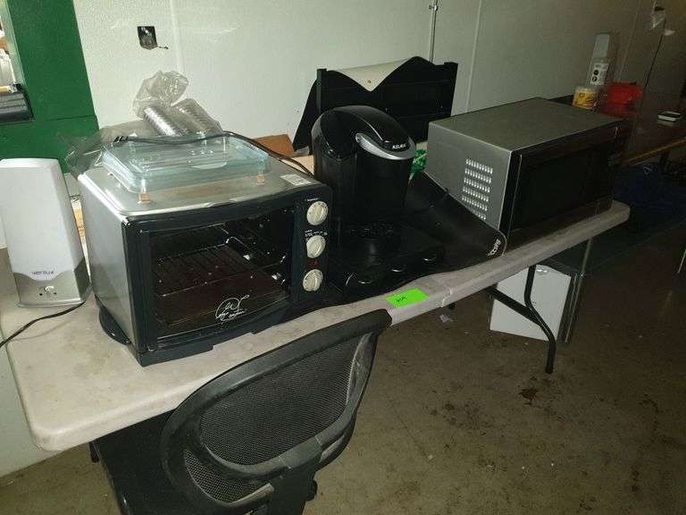 Table: George Foreman air fryer, Keurig coffee maker, Panasonic Microwave, desk/chair with all contents