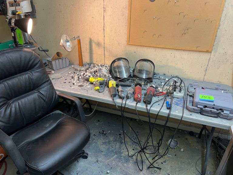 Lot of (5) Dremel tools - (2) Cases, Ryobi Drill with table and contents and chair image