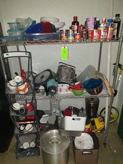 Wire Shelf with all contents: cookware, plastic bowls, etc, image