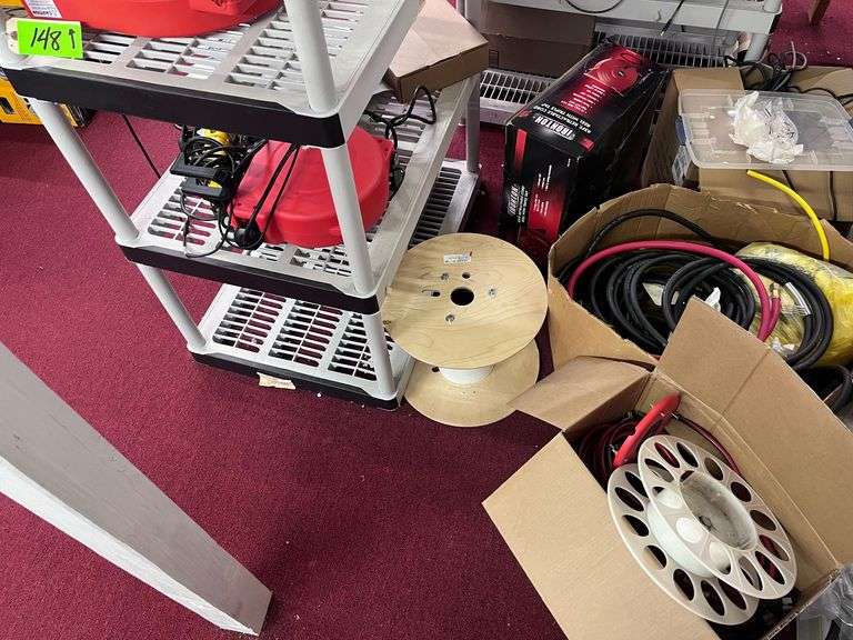 Shelf with all contents: (5) boxes on floor: hoses/reels