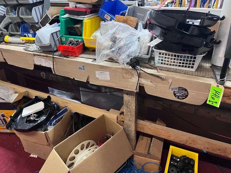 Long wood work table: Cables/wire/reels/contents above & below