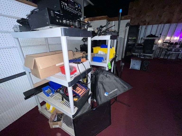 (3) Shelves with contents: Electronic equipment, photography equipment, camera, mic, light stands/reels