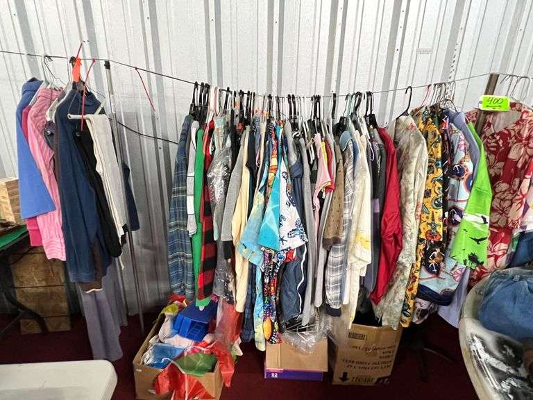Large Lot:  ALL clothes/ALL shoes, (2) rolling clothes racks and table