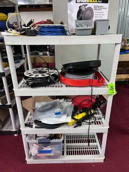 Shelf with all contents: (5) boxes on floor: hoses/reels image