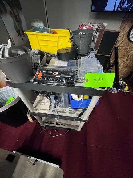 Shelf with all contents: Socket sets/bins/power cords/nails/screws/bolts image