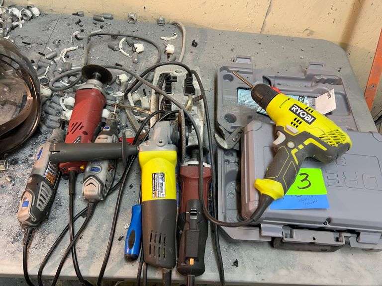 Lot of (5) Dremel tools - (2) Cases, Ryobi Drill with table and contents and chair