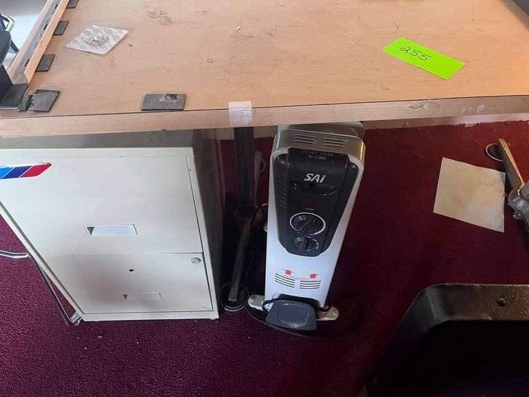 Work table, file cabinet, office chair, portable heater