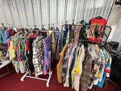 Large Lot:  ALL clothes/ALL shoes, (2) rolling clothes racks and table