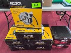 (6) Klutch auto rewind aire hose reel 33 ft cord reel, (2) Ironton