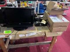 Wood work table: Printer, (2) monitors/Wire/metal plates
