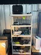 Samsung 63" TV (Works), Plastic shelf with all contents: Samsonite luggage, drone, keyboard