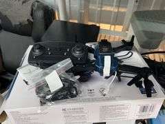 Samsung 63" TV (Works), Plastic shelf with all contents: Samsonite luggage, drone, keyboard