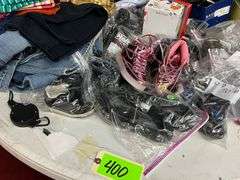 Large Lot:  ALL clothes/ALL shoes, (2) rolling clothes racks and table