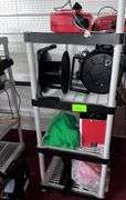 (3) Shelves with contents: Electronic equipment, photography equipment, camera, mic, light stands/reels