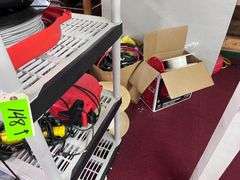 Shelf with all contents: (5) boxes on floor: hoses/reels