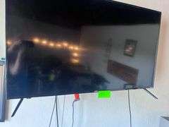 (3) tables with electronic Equipment: (2) TV, receiver, (4) speakers