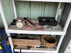 (2) Plastic shelves/table, misc