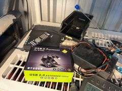 Samsung 63" TV (Works), Plastic shelf with all contents: Samsonite luggage, drone, keyboard