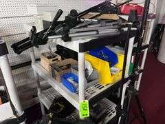 (3) Shelves with contents: Electronic equipment, photography equipment, camera, mic, light stands/reels