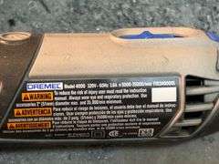 Lot of (5) Dremel tools - (2) Cases, Ryobi Drill with table and contents and chair