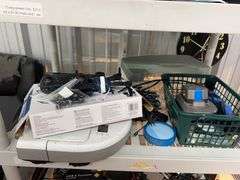 Samsung 63" TV (Works), Plastic shelf with all contents: Samsonite luggage, drone, keyboard