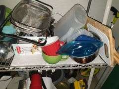 Wire Shelf with all contents: cookware, plastic bowls, etc,