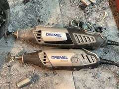 Lot of (5) Dremel tools - (2) Cases, Ryobi Drill with table and contents and chair