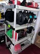 (3) Shelves with contents: Electronic equipment, photography equipment, camera, mic, light stands/reels