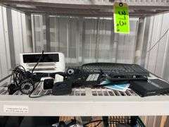 Samsung 63" TV (Works), Plastic shelf with all contents: Samsonite luggage, drone, keyboard
