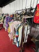 Large Lot:  ALL clothes/ALL shoes, (2) rolling clothes racks and table