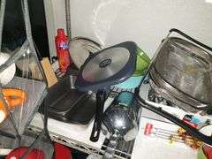 Wire Shelf with all contents: cookware, plastic bowls, etc,