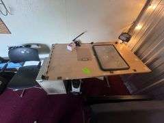 Work table, file cabinet, office chair, portable heater