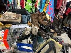 Large Lot:  ALL clothes/ALL shoes, (2) rolling clothes racks and table