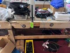Long wood work table: Cables/wire/reels/contents above & below