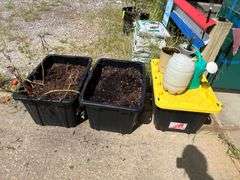 Bins with dirt/top soil/bags of mulch