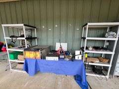 (2) Plastic shelves/table, misc