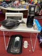 Vintage table: Skillets/Soda stream/Faucet/Pans