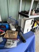 (2) Plastic shelves/table, misc