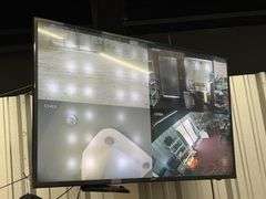 Samsung 63" TV (Works), Plastic shelf with all contents: Samsonite luggage, drone, keyboard