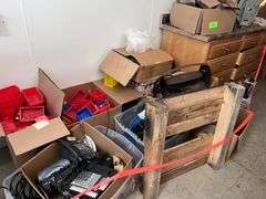 Large Lot of Misc: Storage trays/phones/cabinet/air hose reels