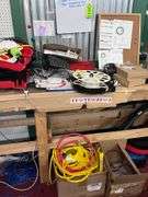 Long wood work table - all contents on & below it: Parts: Wire/Cords/Reels