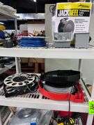 Shelf with all contents: (5) boxes on floor: hoses/reels