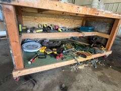 Wooden rolling work table WITH contents