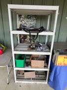 (2) Plastic shelves/table, misc