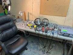 Lot of (5) Dremel tools - (2) Cases, Ryobi Drill with table and contents and chair
